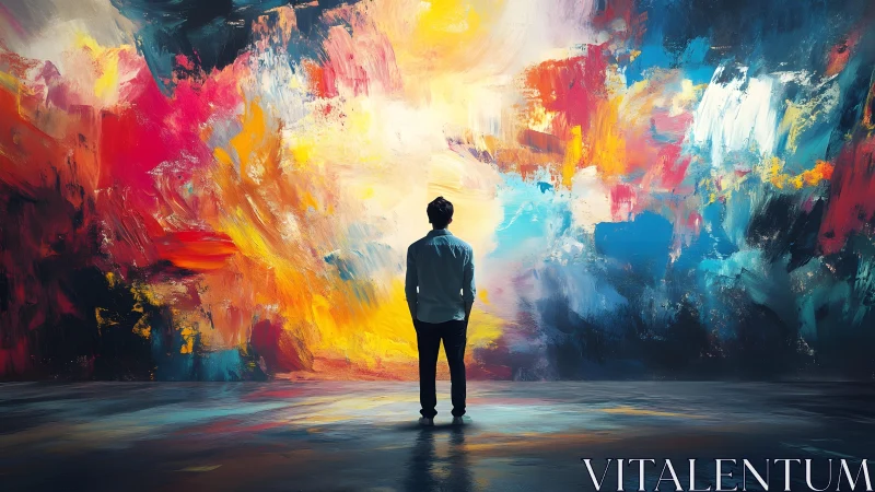 Man Gazing at Vibrant Abstract Wall Art in Modern Style.