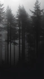 Misty Forest Silhouettes: Tall Conifers in Dense Fog.