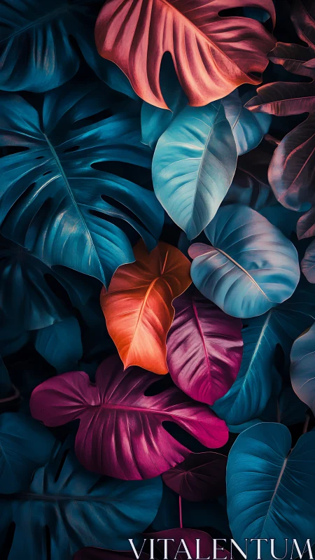 Tropical night leaves glowing in deep jewel colors.