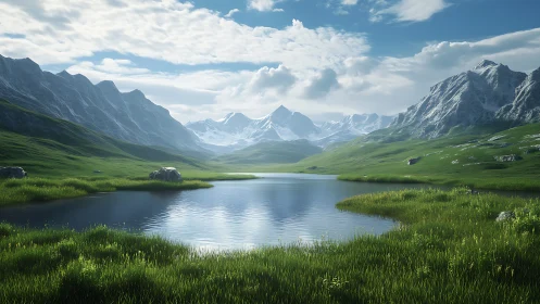 Whispering alpine lake cradled by emerald valleys and peaks.