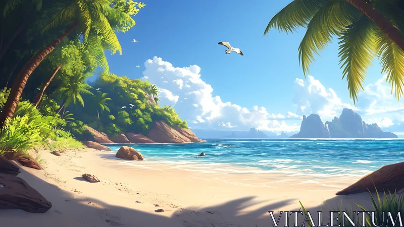 Tropical Paradise Cove with Towering Island Cliffs.