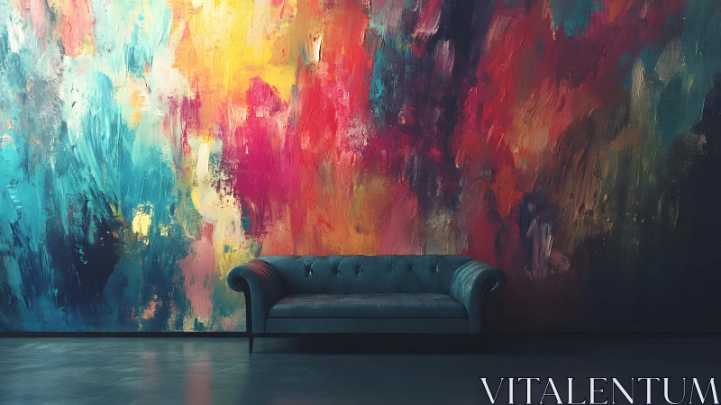 Vibrant Abstract Wall Art Behind Modern Blue Sofa in Minimalist Room.