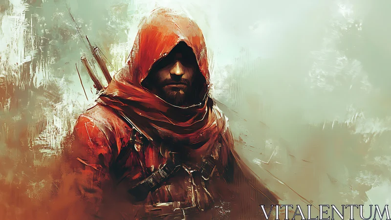 Hooded ranged operative in red cloak, atmospheric concept profile.