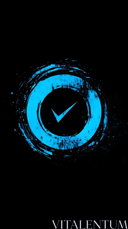 Electric blue checkmark orbiting in grunge cosmic silence.