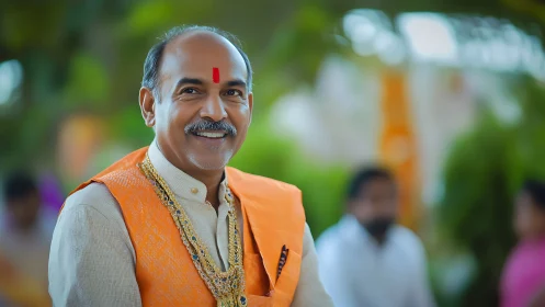 Smiling elder in festive Indian attire radiates warmth.