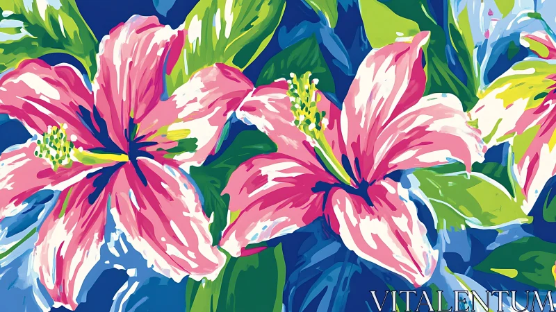 Bold digital painting of pink lilies and green foliage.