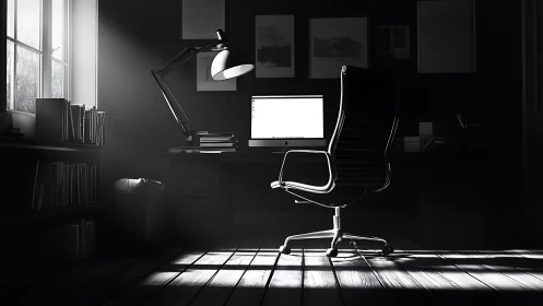 Morning light gently transforms a modern black home office