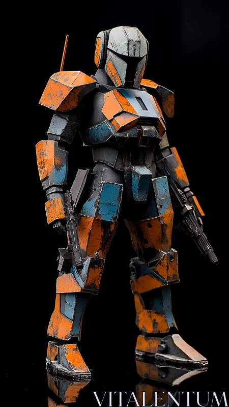Battleworn orange mech sentinel poised in midnight silence.