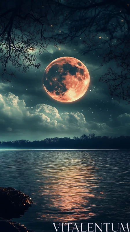 Large orange moon is reflected across a still lake