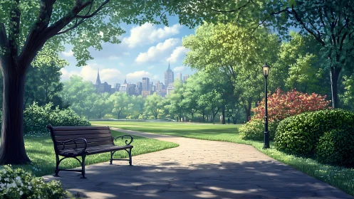 Sunlit city park path with empty bench and skyline beyond.