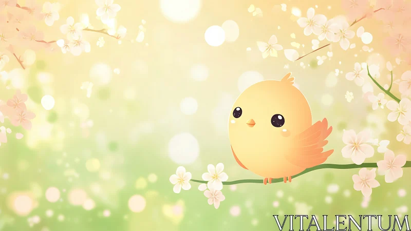 Blushing spring chick perches amid dreamy blossom glow.