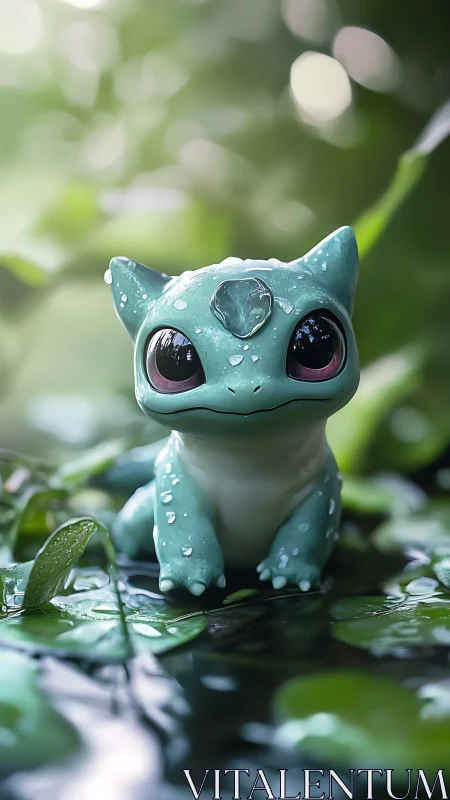 Rain-kissed chibi creature rendered in glossy 3D resin style