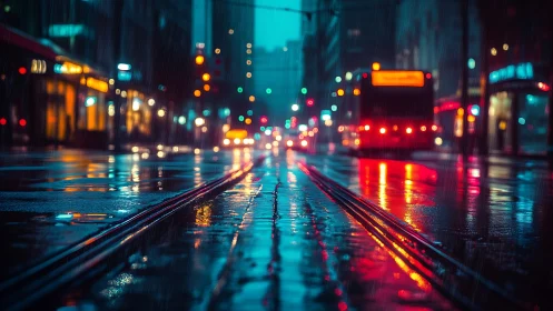 Neon city street glows through rain on reflective tram tracks.