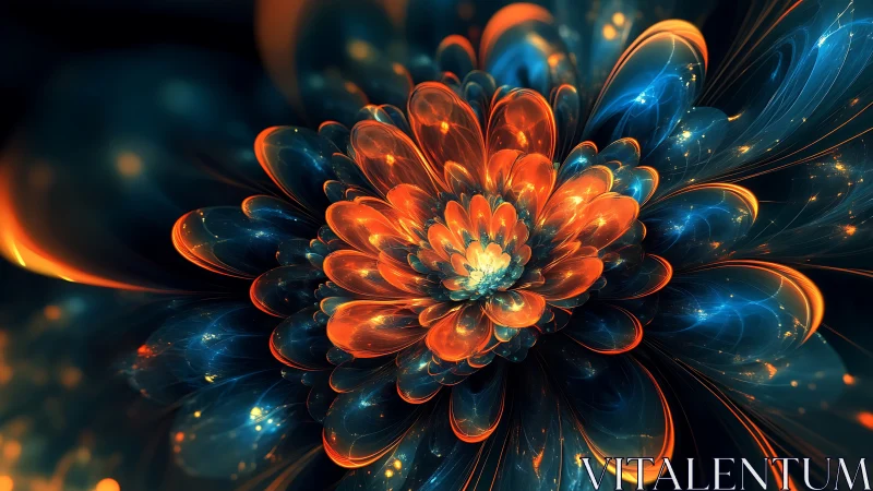 Digital fractal bloom forms layered orange and blue petals