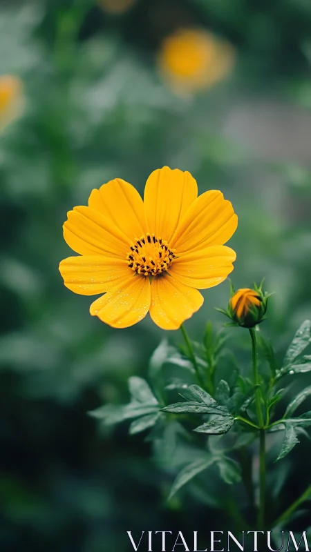 Yellow cosmos flower exhibiting radial petal geometry and anther morphology in sharp focus