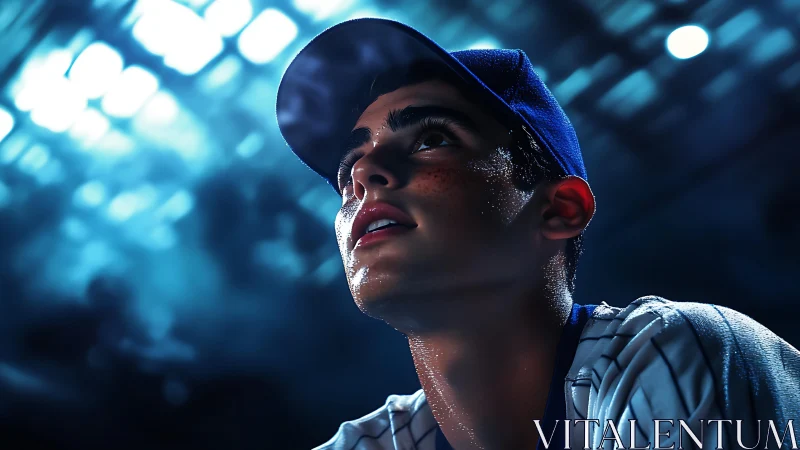 Stadium lights crown a hopeful young baseball dreamer.