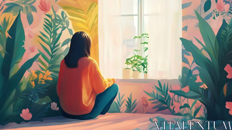 Woman sitting by window in lush indoor garden scene.