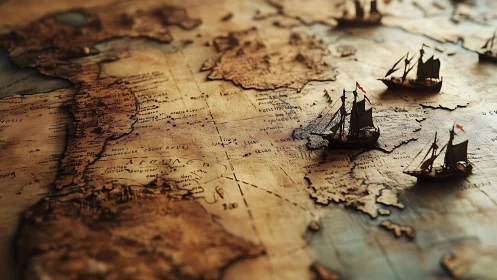 Vintage nautical world map with miniature sailing fleets.