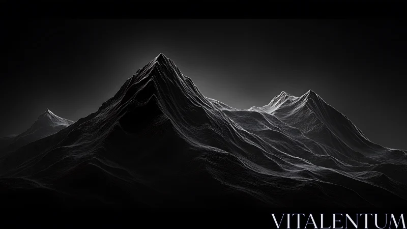 Dark monochrome mountain peaks with sharp ridgelines.