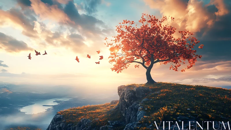 Solitary deciduous tree on cliff edge at sunset horizon.