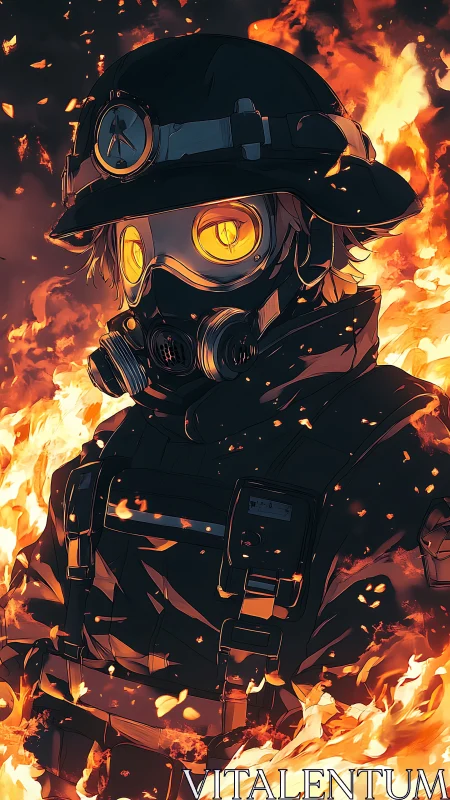 Steampunk Figure in Protective Gear Surrounded by Flames