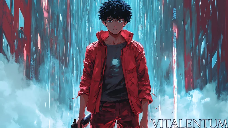 Neon alley wanderer in red jacket between codefall towers.