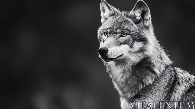 Grey wolf portrait in sharp monochrome wilderness study.