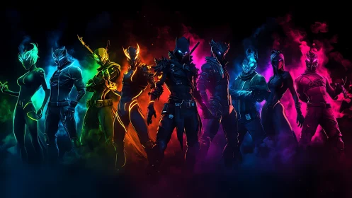 Neon guardians gathered in a glowing storm of color.