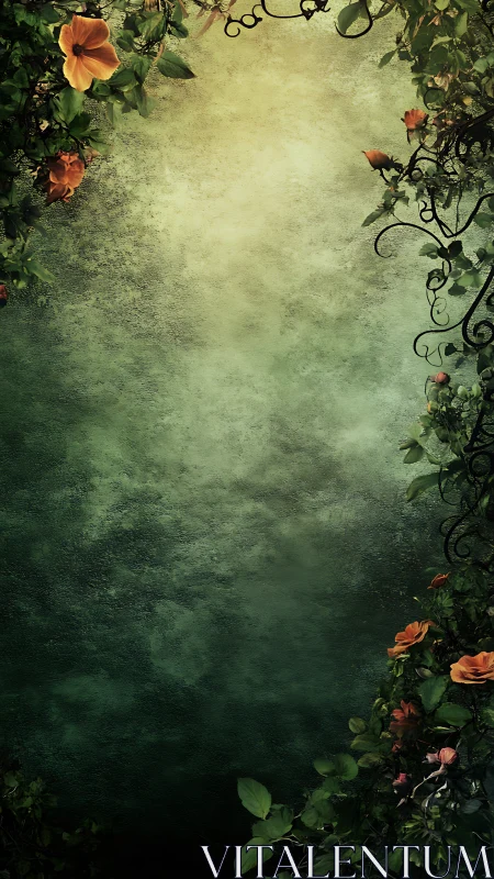 Textured emerald wall framed by ornamental floral foliage.