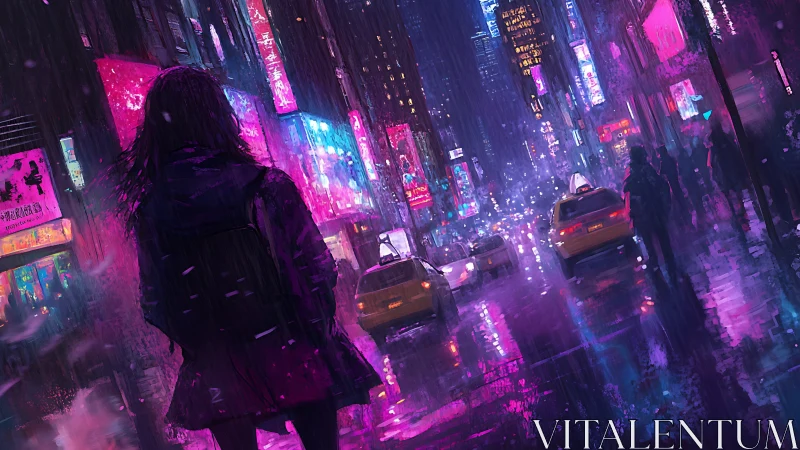 Nocturnal neon rainfall across hyper saturated city corridor.