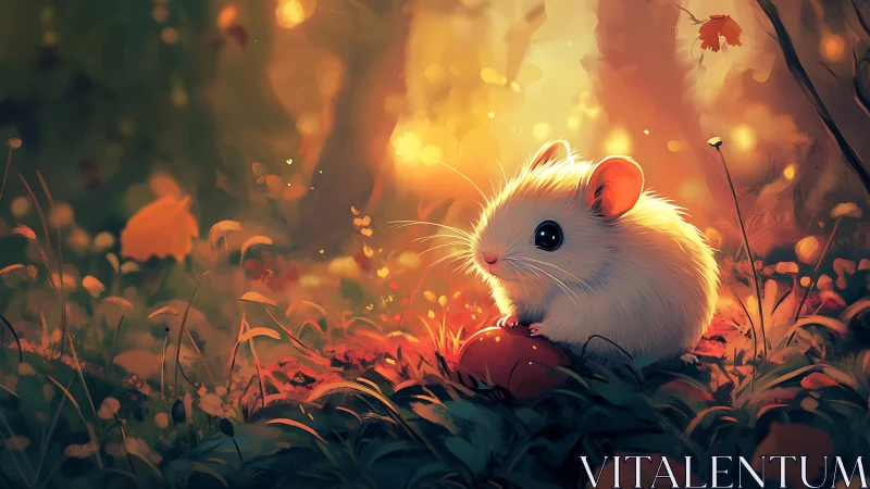 Forest-glow mouse dreaming on a tiny ember-orange treasure.