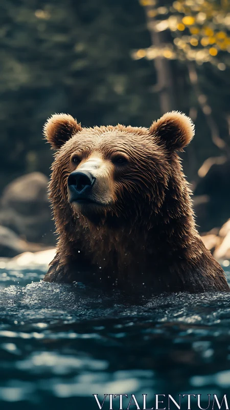 Brown bear in forest river with shallow depth of field.