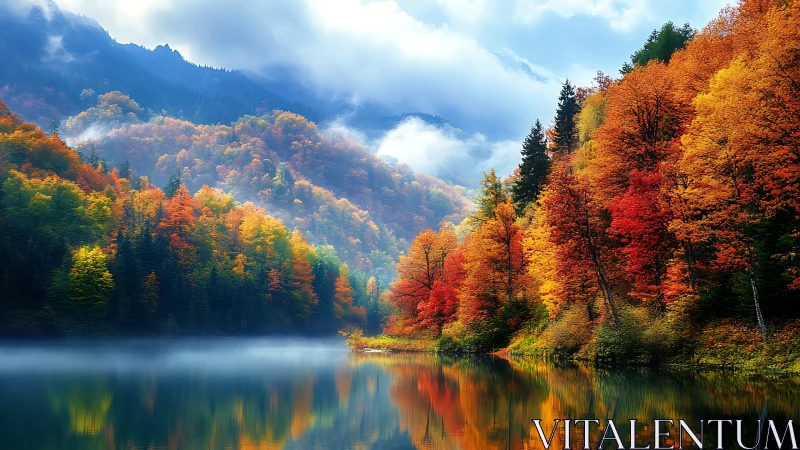 Vibrant autumn forest reflected on calm mountain lake.