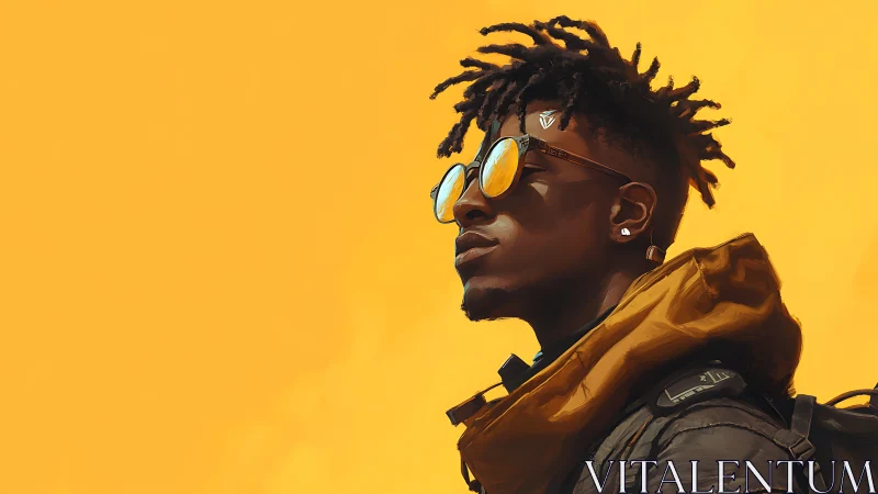 Stylized portrait profiles reflective glasses against flat chroma yellow