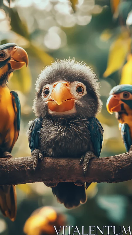 Photorealistic portrait of a fluffy baby parrot on branch.