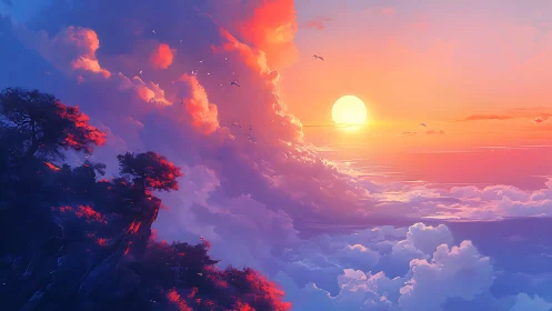 Sunset illuminates towering clouds above cliffside forest