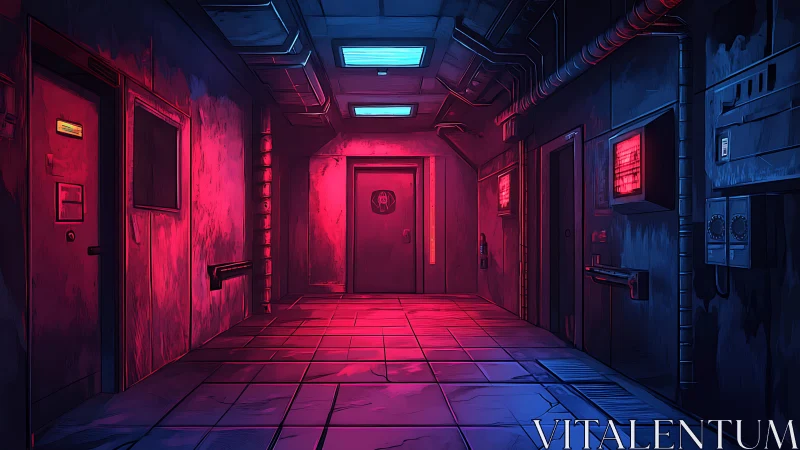 Dim industrial corridor shows central reinforced metal door