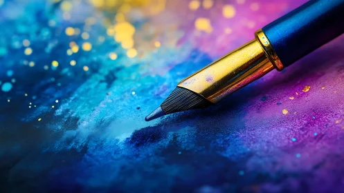Gold fountain pen on abstract blue and purple surface.