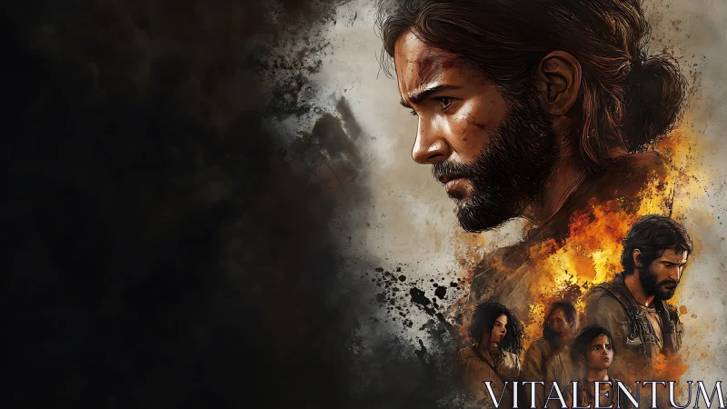 Brooding bearded man amid fire and group portrait collage.