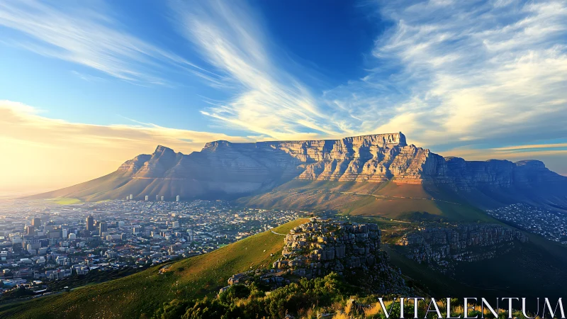 Sunlit mountain city embraced by sweeping morning skies.