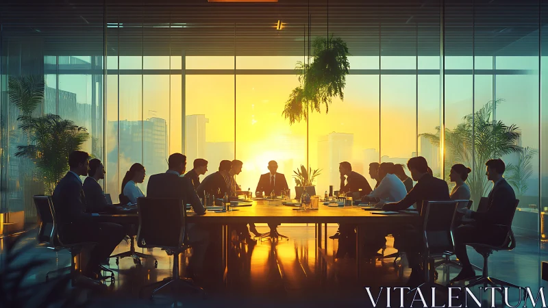 Golden Hour Boardroom Strategy Session Bathed in Citys Radiant Sunset