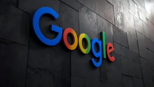 Google logo stands out on dark tiled corporate wall.