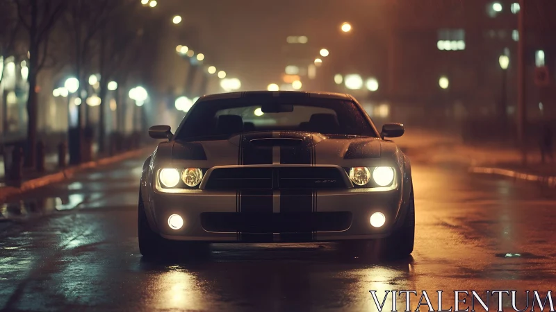 Midnight muscle car prowls a rainlit city boulevard. Period.