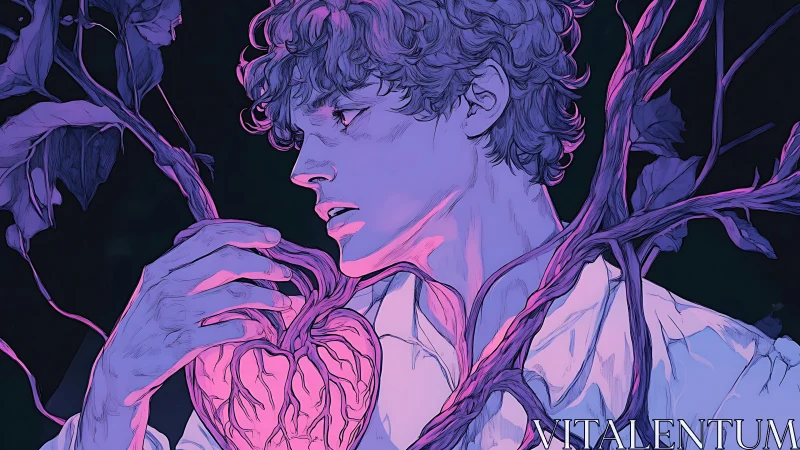 Young man cradles glowing heart entwined with organic vines