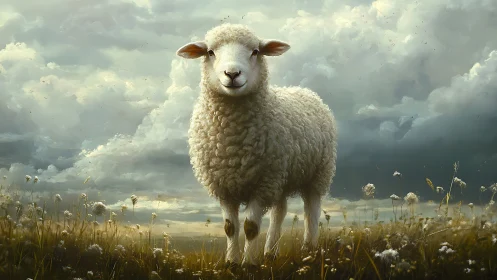 Gentle sheep stands peacefully under soft stormy skies