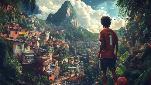 Backlit footballer surveys dense favela beneath dramatic peak