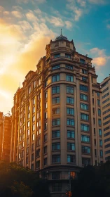 Golden hour embrace on an elegant neoclassical high-rise.
