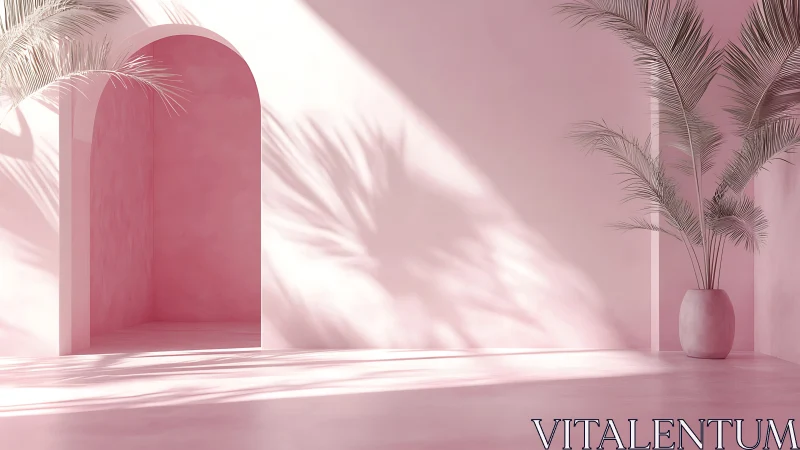 Soft pink archway with graceful palms and dreamy shadows.