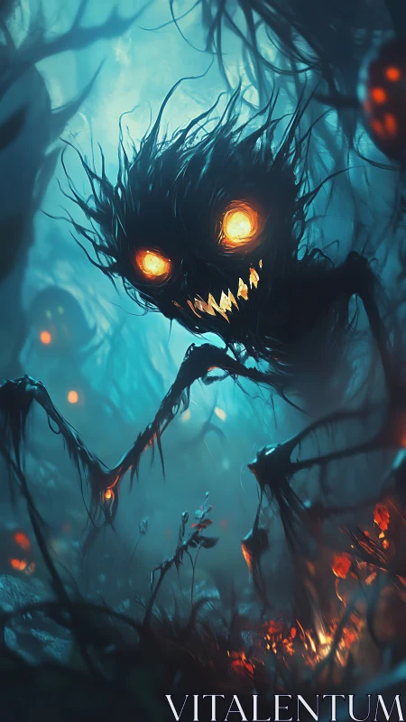Glowing eyed shadow creature in misty blue forest scene.