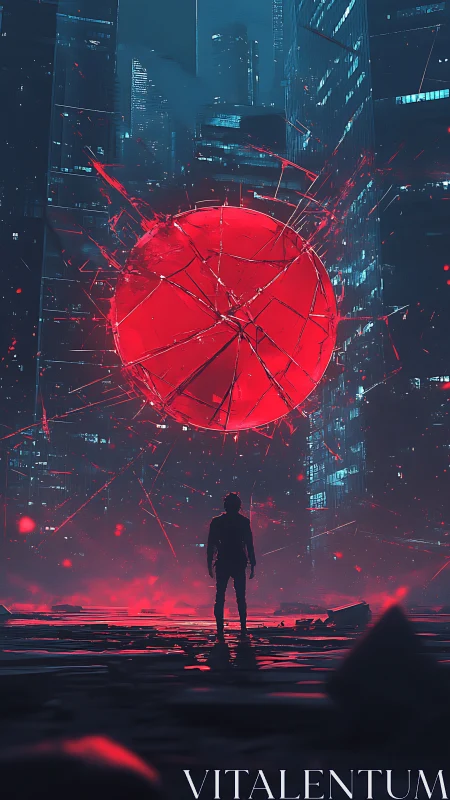 Shattered red sphere hangs over lone figure in neon city